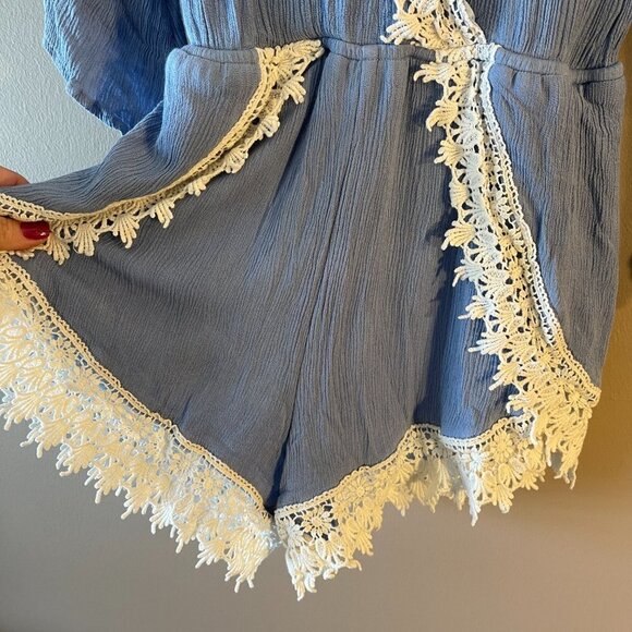 Women's S Tea & Cup White Lace Trim Romper Light Blue Romantic - Picture 3 of 11